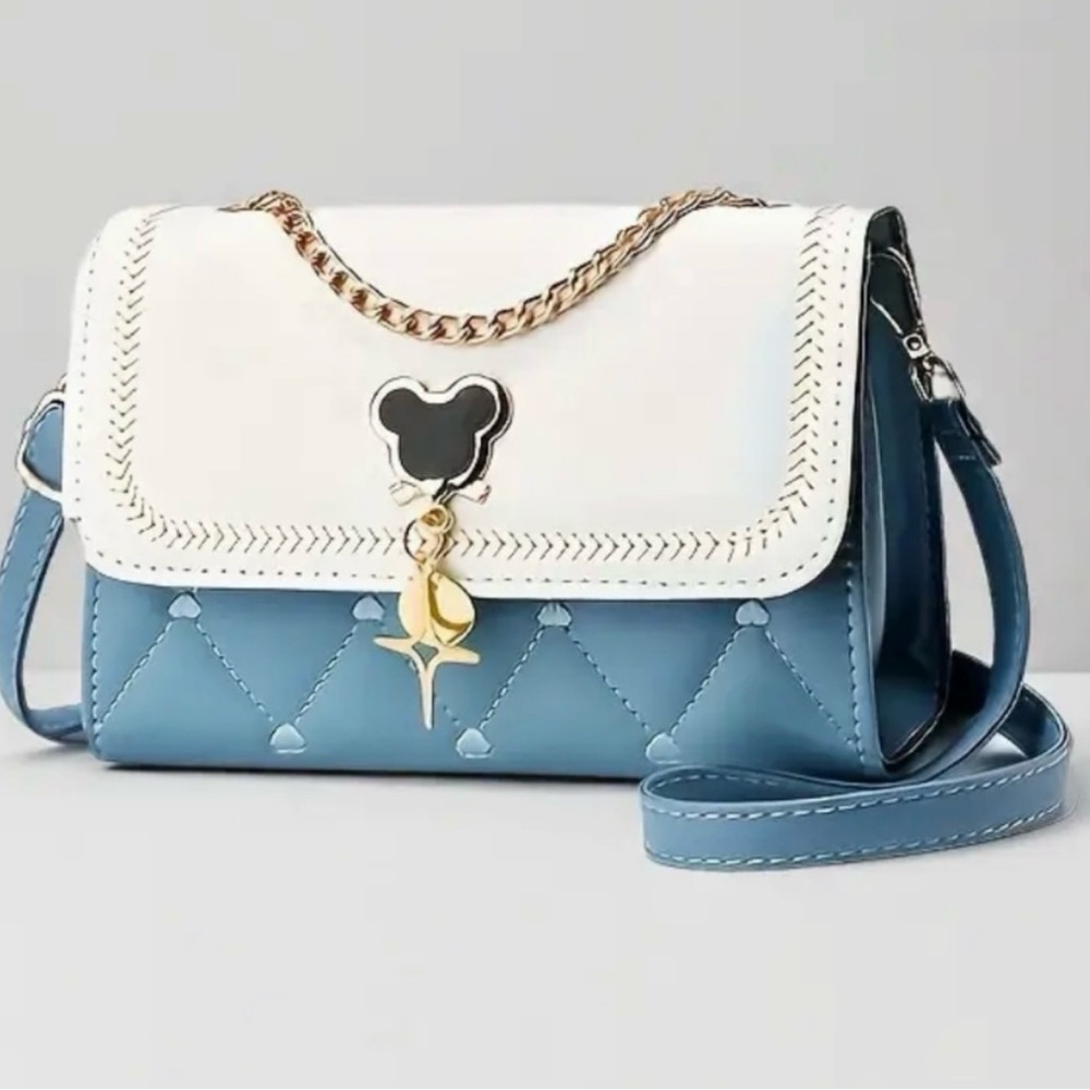 Disney Mickey Stylish Crossbody Bag with Chain ,White Detailed Flap Handbag